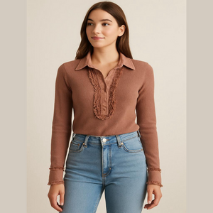 We The Free Brown Ruffled Fitted Blouse